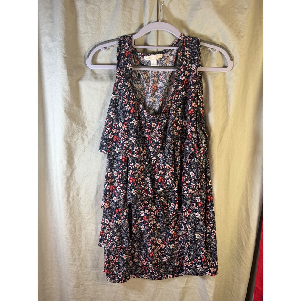 Westport 1962 Womens 2X Navy Blue Floral Tiered Ruffle Sleeveless Blouse Top‎